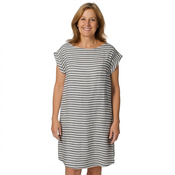 Tahari Linen Dress Small Blue White Striped Sleeveless Midi Lightweight Summer - Picture 1 of 14